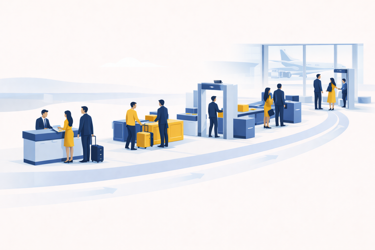 Illustration of an airport journey with passengers passing through check-in, security, and boarding as part of a clear workflow.