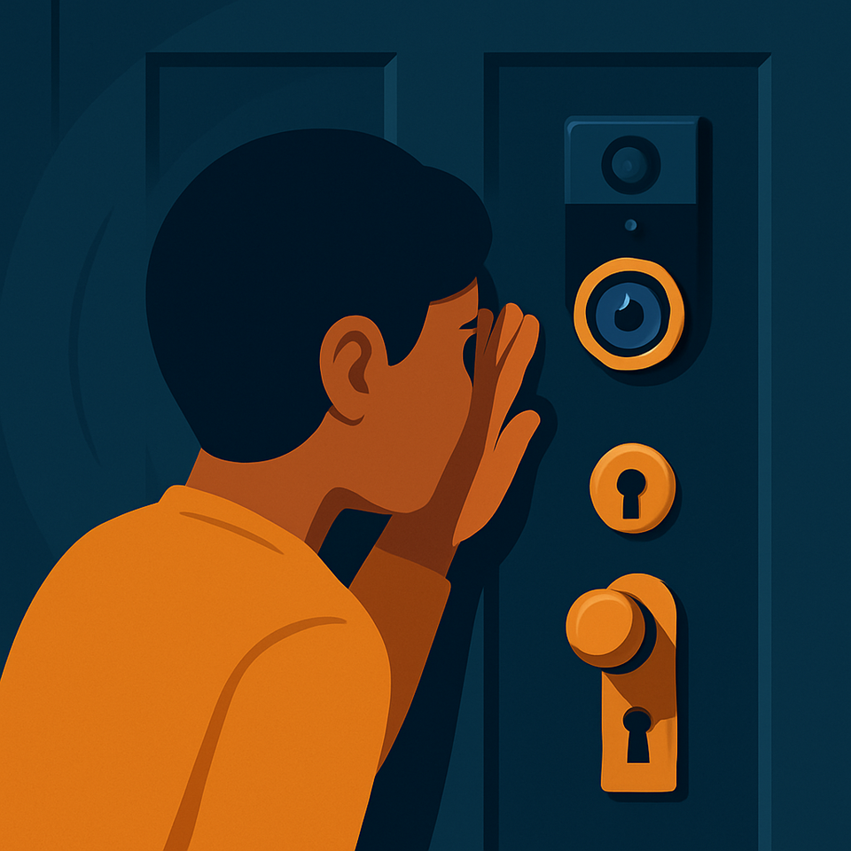 Illustration of a person checking through a door’s peephole, representing MFA as a second step in verifying identity online.