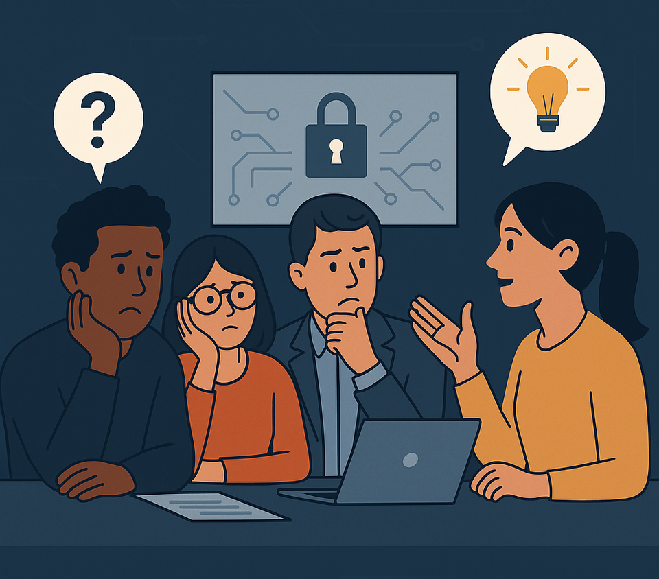 Illustration of a diverse group of confused office workers seated at a desk with laptops and documents, puzzled by a cybersecurity diagram on the screen behind them, featuring a lock symbol