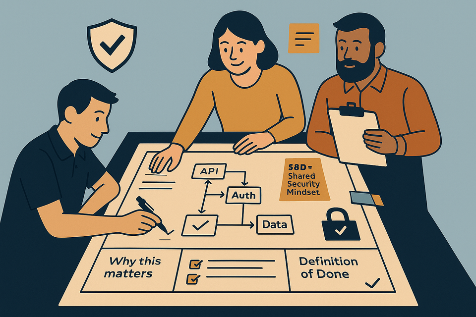 Three professionals collaborate on a system diagram with security notes, highlighting documentation’s role in secure design.