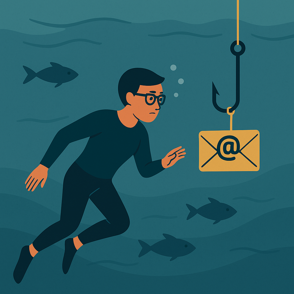 Person with glasses swimming underwater toward a golden hook baited with an email icon, symbolizing phishing scams.
