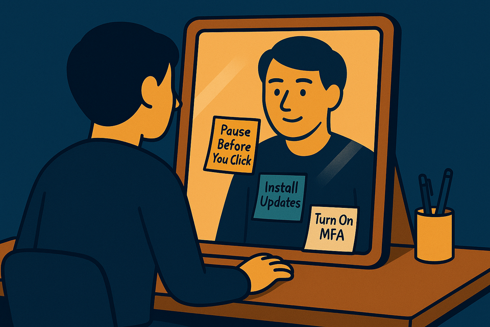 Mirror scene showing sticky notes with daily security reminders — “Pause Before You Click,” “Install Updates,” and “Turn On MFA.”