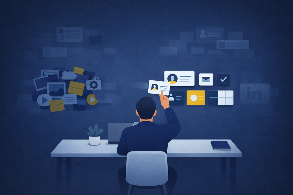 Illustration of a person at a desk reviewing digital account icons, with clutter fading away and a smaller, organized set remaining.