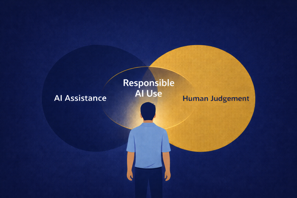 Human figure centered in intersecting navy and gold circles labeled AI Assistance and Human Judgement, with Responsible AI Use at the overlap.